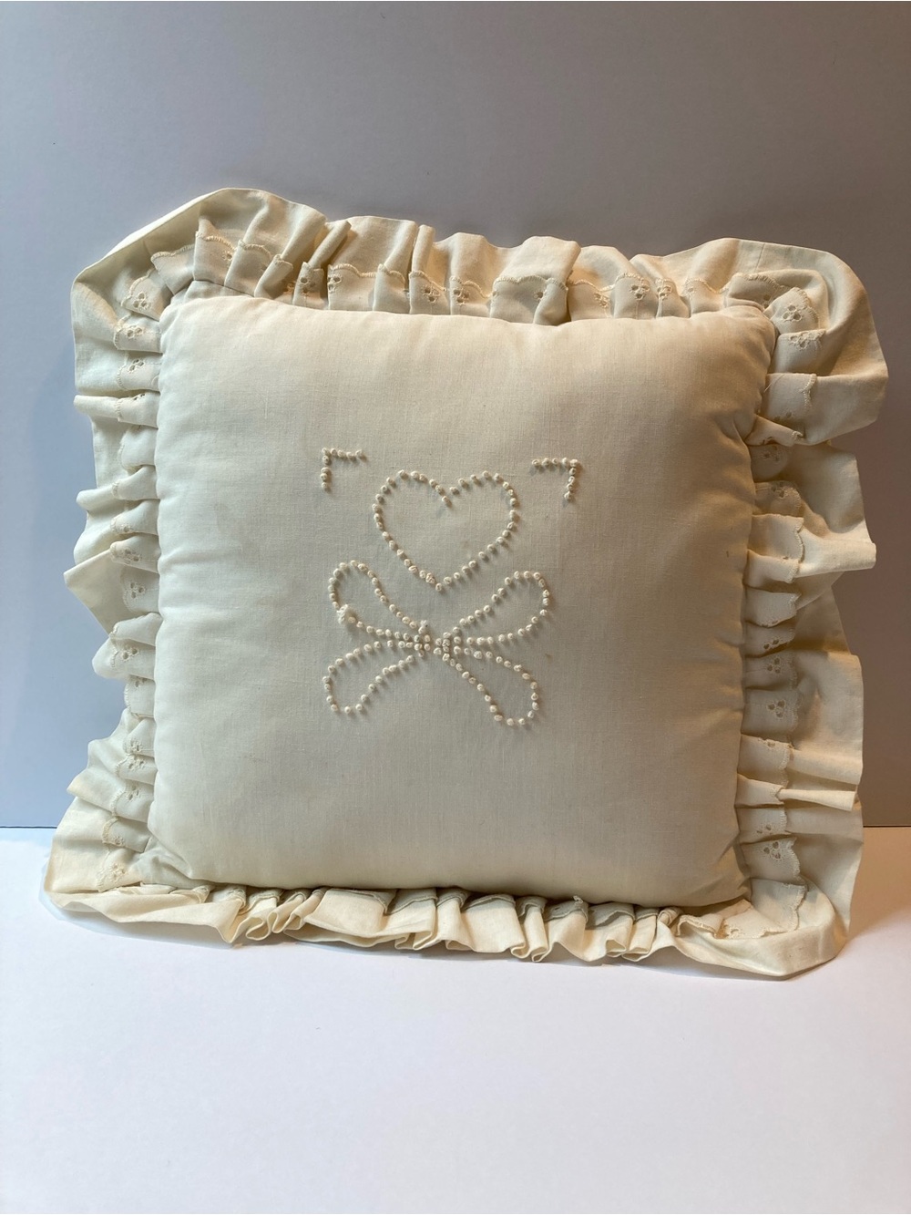 Vintage Ivory Knot Embroidered Handmade Pillow Heart Lace Ruffle Edge Cottage